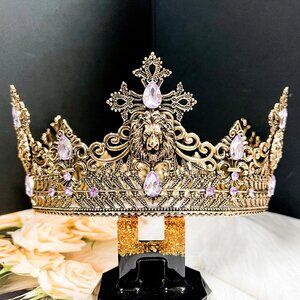 Prince Wedding Headpiece, Lavender Crystal Crown, Vintage Gold Wedding Crown